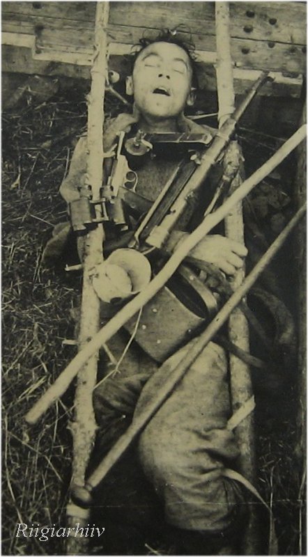 Tapetud Simo Pihlapuu 23.09.1949. Põiki asetsevad toikad kuulusid metsavendade varustusse sügisel kõrgest heinast ja põõsastelt vee maha ajamiseks.